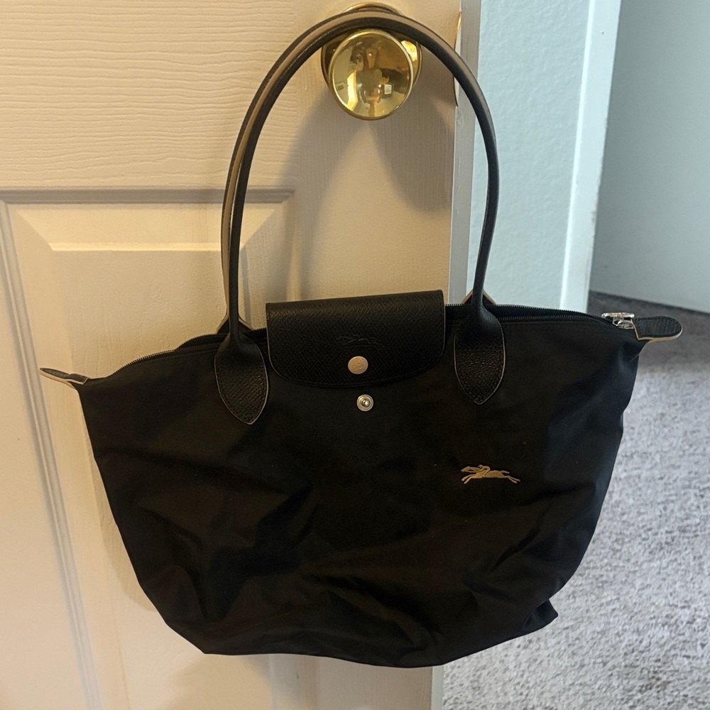 Longchamp Black Nylon Tote with Leather Trim
